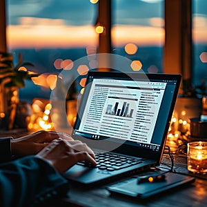 Hands using a laptop computer at night or in the dark, with a business article on the screen .