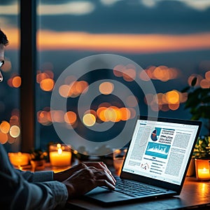 Hands using a laptop computer at night or in the dark, with a business article on the screen .