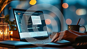 Hands using a laptop computer at night or in the dark, with a business article on the screen .