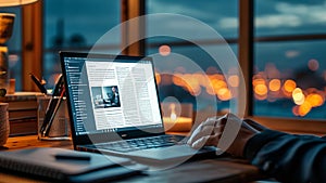 Hands using a laptop computer at night or in the dark, with a business article on the screen .