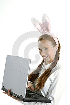 Business laptop woman, humor and rabbit ears