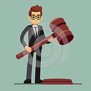 Business lawyer holding wooden judge gavel. Legal verdict, legislation authority vector concept