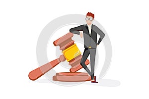 Business lawyer holding wooden judge gavel. Legal verdict, legislation authority vector concept. Legality Illustration