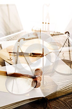 Business and lawyers discussing contract papers with brass scale on desk in office. Law, legal services, advice, justice and law