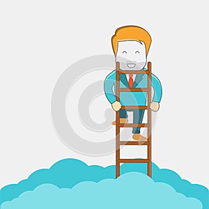 Business leader concept. Business achievements. Man climbing the stairs in clouds. Flat vector