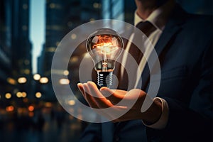 Business leader holds luminous lightbulb, embodying innovation and strategic insight
