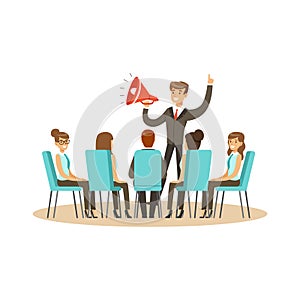 Business leader using loudspeaker during business meeting vector Illustration