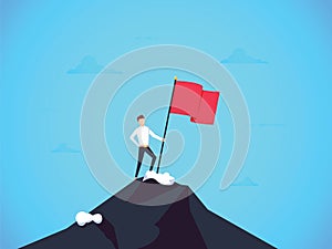 Business leader vector concept with businessman planting flag on top of mountain. Symbol of success achievement, victory