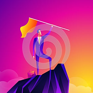 Business leader vector concept with businessman planting flag on top of mountain. Symbol of success, achievement victory