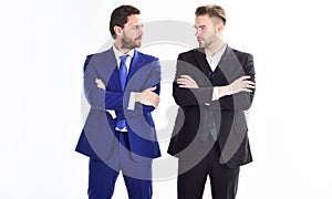 Business leaders of department. Men businessman formal suit stand confidently with crossed arms white background
