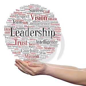 Business leadership, management value word cloud in hand