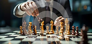 Business leadership shines as a businessman deftly maneuvers the king chess piece