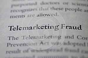 Business legal term Telemarketing Fraud printed in textbook on white page