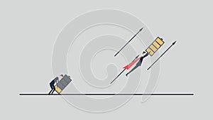 Business and life energy. Businessman with low battery and Businessman with high full level energy battery . Vector illustration