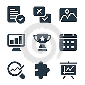 business line icons. linear set. quality vector line set such as growth graph, puzzle, data analysis, calendar, award, growth