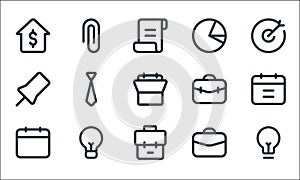 Business line icons. linear set. quality vector line set such as idea, bag, date, bag, idea, pin, bag, pie chart, attach