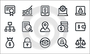 business line icons. linear set. quality vector line set such as law, view, money bag, magnifier, padlock, hierarchy, coins stack