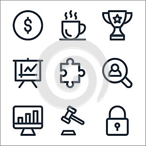 Business line icons. linear set. quality vector line set such as padlock, auction, growth chart, magnifier, puzzle, growth graph,