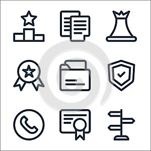 business line icons. linear set. quality vector line set such as guidepost, reward, phone call, shield, folder, reward, chesspiece photo