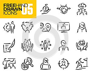 Business line icons set. Hand drawn icons. Human resources. Doodles.