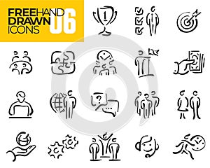 Business line icons set. Hand drawn icons. Human resources. Doodles.