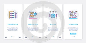 Business line management, time control UX, UI onboarding mobile app page screen set