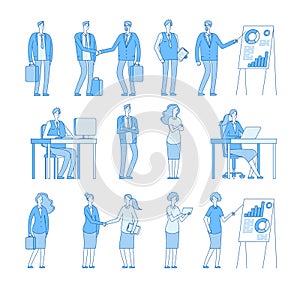 Business line people characters. Business man woman in corporate office, professional people vector set