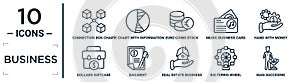 business linear icon set. includes thin line connection box chart, euro coins stack, hand with money gear, bailment, big ferris