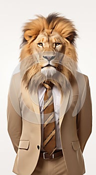 Business lion dressed in a subtle beige business attire, standing confidently with hands behind.