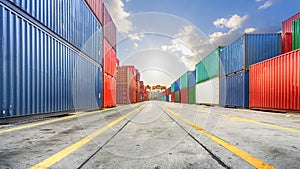 Business and logistics. Cargo transportation and storage. Equipment containers shipping and the traffic road with the yellow line