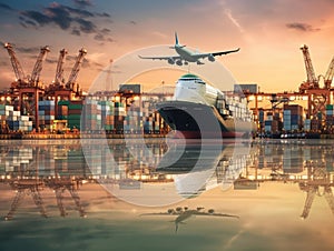 Business logistics and transportation concepts of container trucks, ships in port, and freight cargo planes in transport