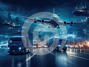 Business logistics and transportation concepts of container trucks, ships in port, and freight cargo planes in transport