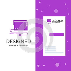 Business Logo for audio, card, external, interface, sound. Vertical Purple Business / Visiting Card template. Creative background