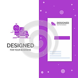 Business Logo for delivery, time, shipping, transport, truck. Vertical Purple Business / Visiting Card template. Creative