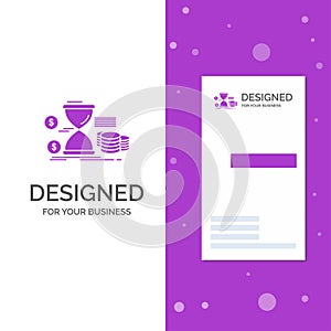 Business Logo for Hourglass, management, money, time, coins. Vertical Purple Business / Visiting Card template. Creative