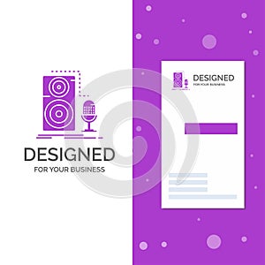 Business Logo for Live, mic, microphone, record, sound. Vertical Purple Business / Visiting Card template. Creative background