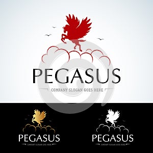 Business logo. Pegas is flying on the clouds. Different colors: red, gold and white. Vector illustration format