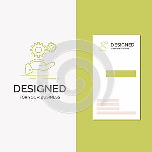 Business Logo for solution, hand, idea, gear, services. Vertical Green Business / Visiting Card template. Creative background