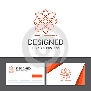 Business logo template for Atom, science, chemistry, Physics, nuclear. Orange Visiting Cards with Brand logo template