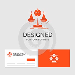 Business logo template for Balanced, management, measure, scorecard, strategy. Orange Visiting Cards with Brand logo template