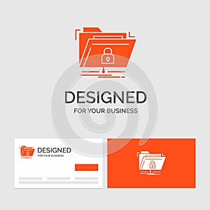 Business logo template for encryption, files, folder, network, secure. Orange Visiting Cards with Brand logo template