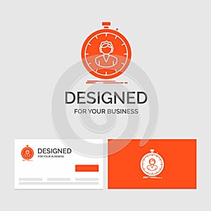 Business logo template for fast, speed, stopwatch, timer, girl. Orange Visiting Cards with Brand logo template