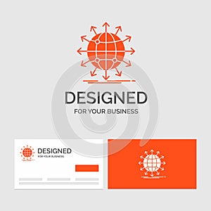 Business logo template for globe, network, arrow, news, worldwide. Orange Visiting Cards with Brand logo template