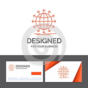 Business logo template for globe, network, arrow, news, worldwide. Orange Visiting Cards with Brand logo template