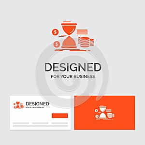 Business logo template for Hourglass, management, money, time, coins. Orange Visiting Cards with Brand logo template