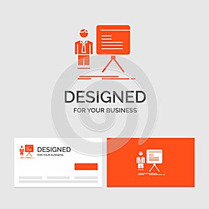 Business logo template for presentation, businessman, chart, graph, progress. Orange Visiting Cards with Brand logo template