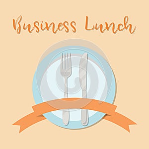 Business lunch concept. Plate with a fork, a knife and a ribbon on an orange background