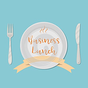 Business lunch concept. Plate with the inscription `Business Lunch` on a blue background