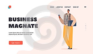 Business Magnate Landing Page Template. Indian Businessman Male Character Wear Brown Blazer and Yellow Pants