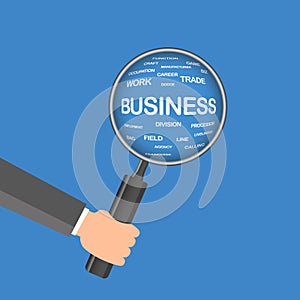 BUSINESS. Magnifying glass over seamless background with different association terms. Vector illustration